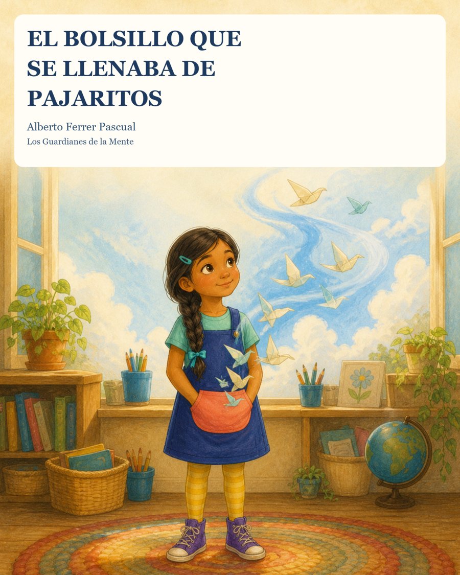 Portada de El bolsillo que se llenaba de pajaritos: una niña con un delantal azul y pájaros de papel en el cielo.