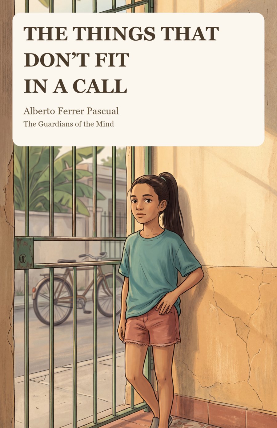 Portada de The Things That Don’t Fit in a Call: una niña junto a una reja verde.